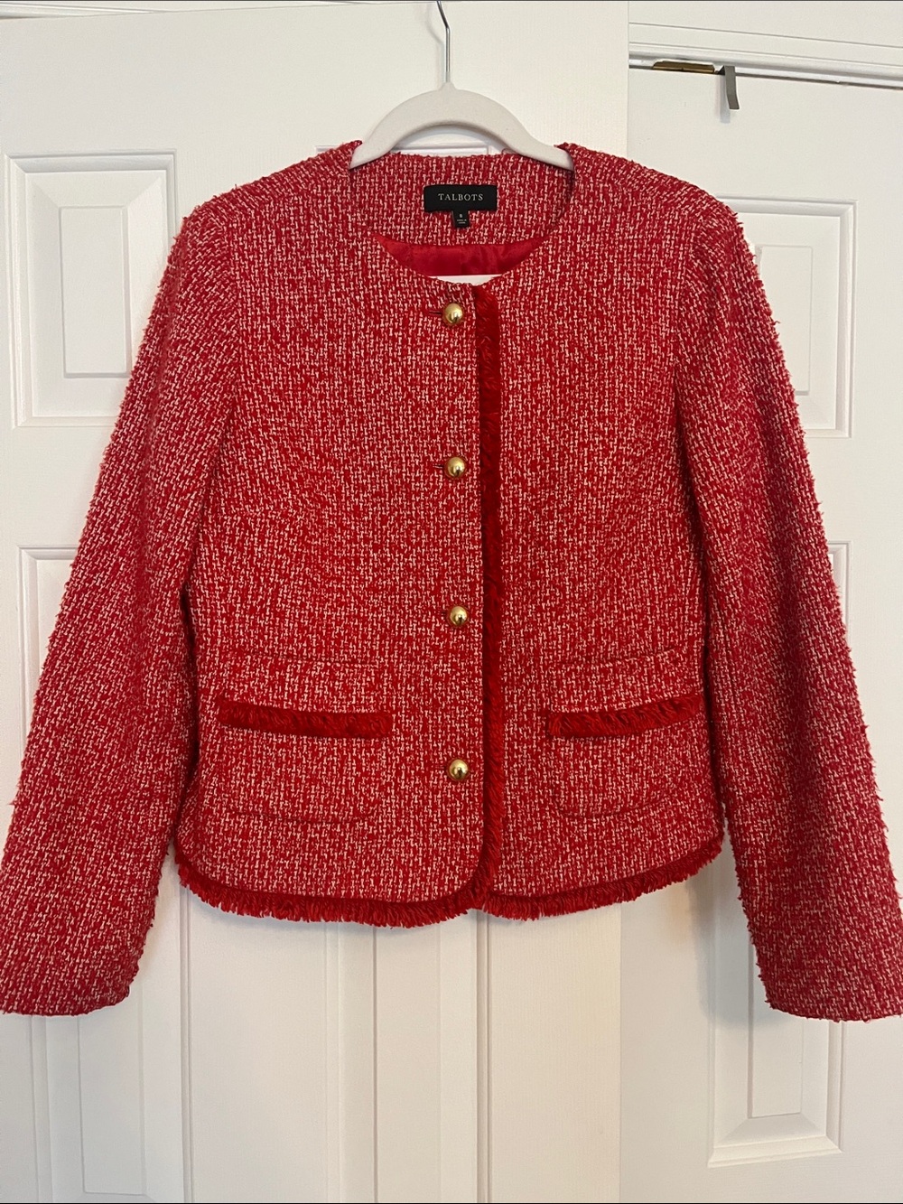 Talbots Red Bouclé Collarless Blazer with Gold Buttons Fringe 8